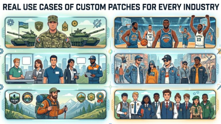 Top 06 Industries That Use Custom Patches the Most Six detailed panels showcasing custom patches online USA application examples.